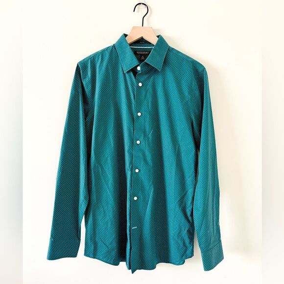 Banana Republic Slim Fit Long Sleeve Cotton Button Down in Green and White Dot M - Picture 1 of 6